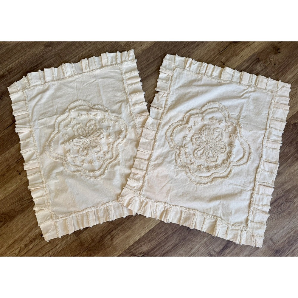 Chenille Tufted Pillow Sham STD Pair Pillowcase Peach Pastel Boho Cottage Granny